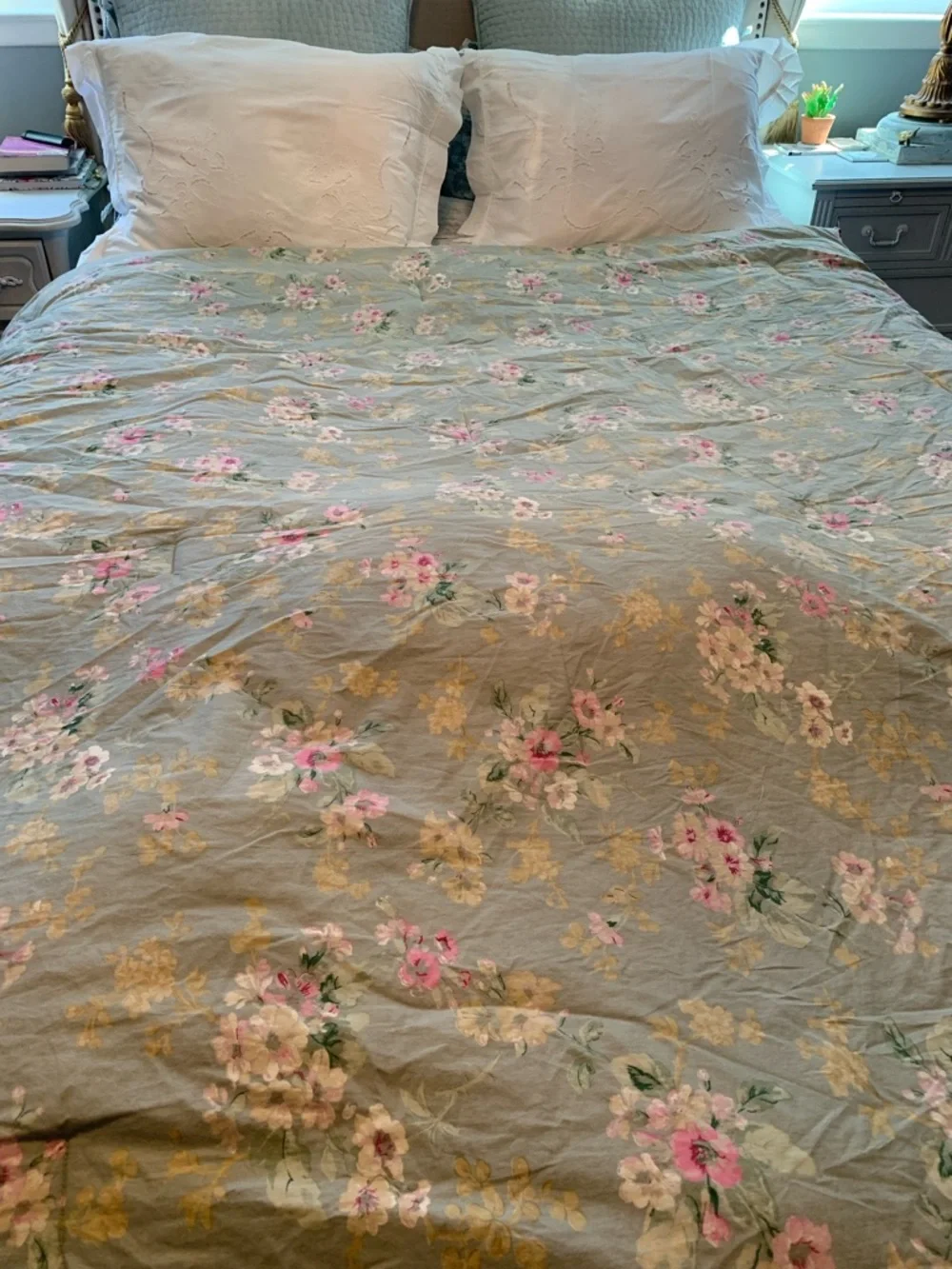 Vintage Liz Claiborne Sage Green Floral Comforter Cover with Pink Blossoms